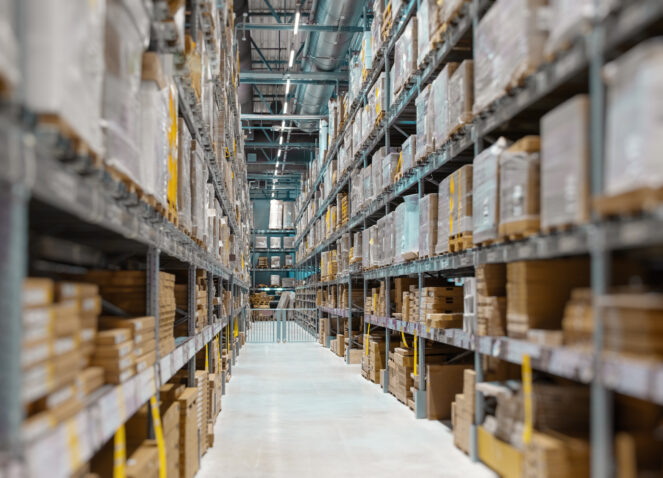 Generic warehouse interior with high shelves and boxes of produc